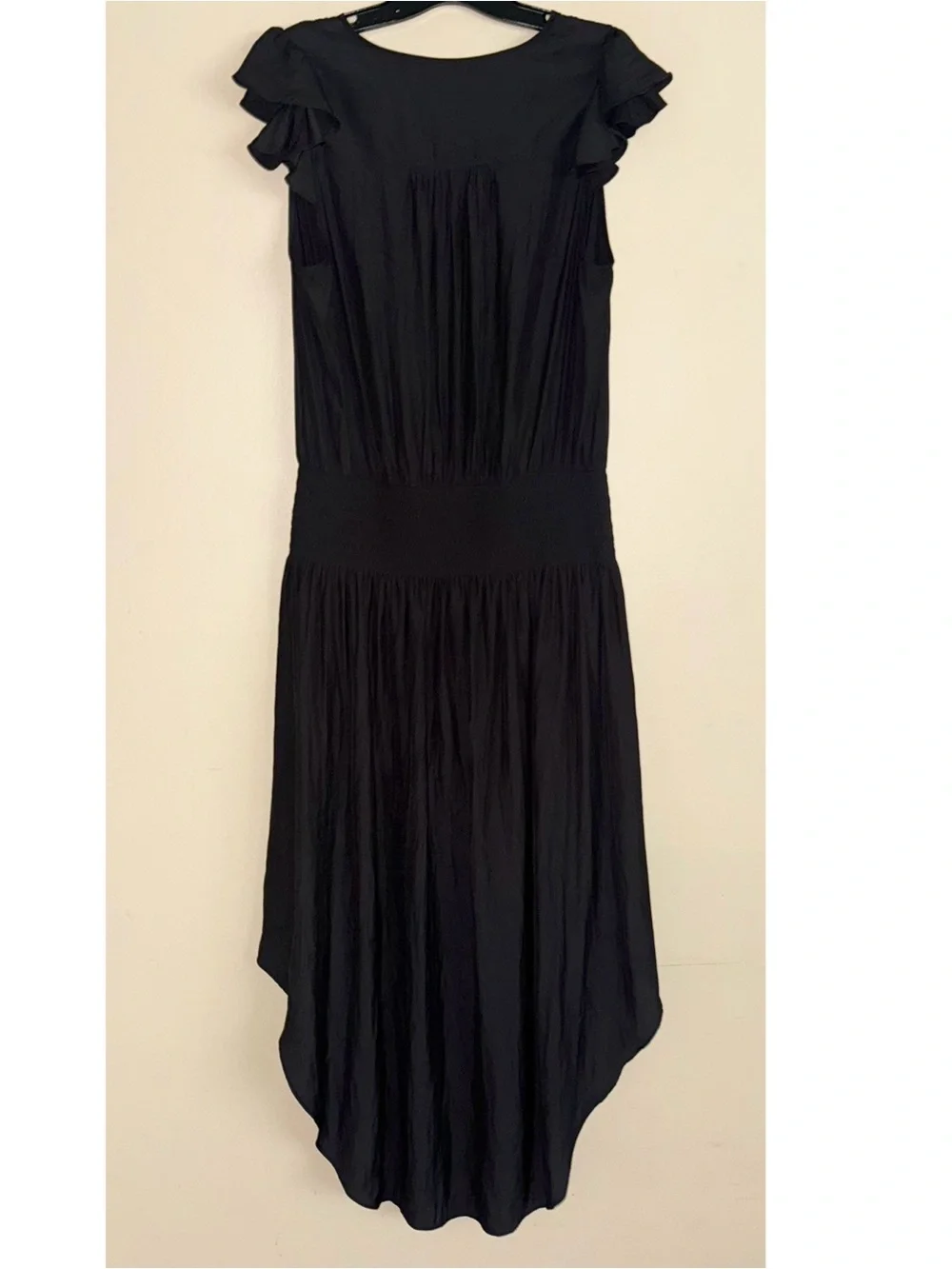 RAMY BROOK Black V Neck Smock Waist Midi Flutter Sleeve Satin Dress Size L